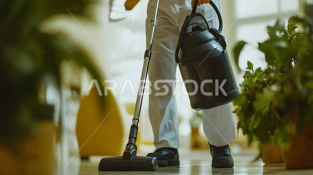 أدوات التنظيف الكهربائية, لقطة مقربة لعامل يرتدي زي العمل, القيام بتنظيف المنزل باستخدام مكنسة كهربائية, المهام والأعمال المنزلية الروتينية
