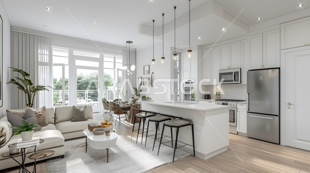 فنون الهندسة المعمارية المتميزة الحديثة, استخدام الطراز الفني العصري في الأثاث المنزلي ,مطبخ بديكورات داخلية فاخرة، شقق وفلل سكنية في السعودية