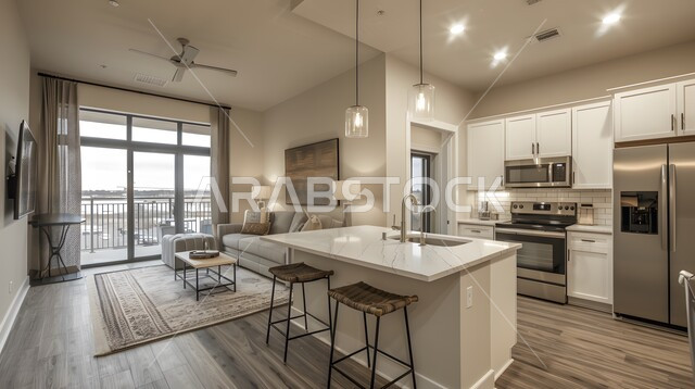 فنون الهندسة المعمارية المتميزة الحديثة, استخدام الطراز الفني العصري في الأثاث المنزلي ,مطبخ بديكورات داخلية فاخرة، شقق وفلل سكنية في السعودية