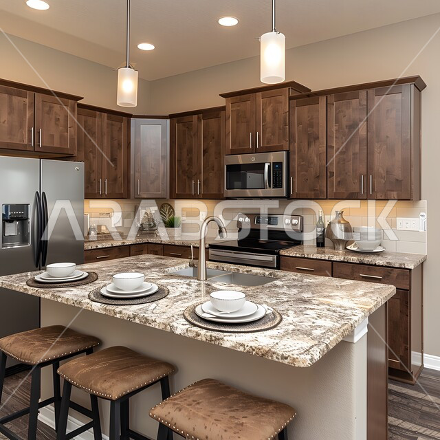 فنون الهندسة المعمارية المتميزة الحديثة, استخدام الطراز الفني العصري في الأثاث المنزلي ,مطبخ بديكورات داخلية فاخرة، شقق وفلل سكنية في السعودية