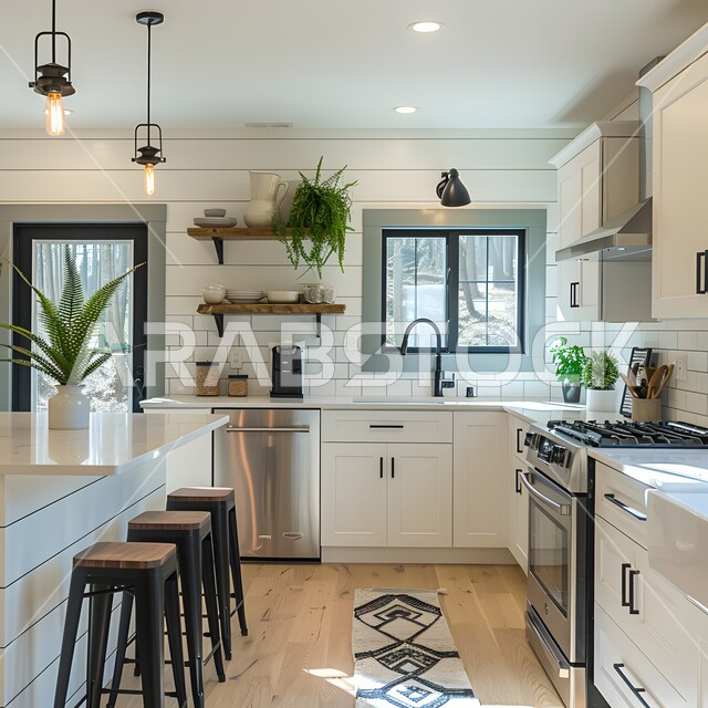 فنون الهندسة المعمارية المتميزة الحديثة, استخدام الطراز الفني العصري في الأثاث المنزلي ,مطبخ بديكورات داخلية فاخرة، شقق وفلل سكنية في السعودية