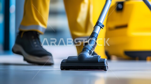 القيام بتنظيف المنزل باستخدام المكنسة, أدوات التنظيف الكهربائية, لقطة مقربة لعامل يرتدي زي العمل, المهام والأعمال المنزلية الروتينية