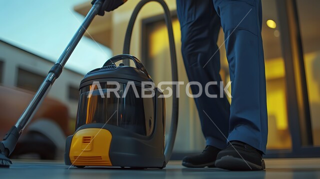 القيام بتنظيف المنزل باستخدام المكنسة, أدوات التنظيف الكهربائية, لقطة مقربة لعامل يرتدي زي العمل, المهام والأعمال المنزلية الروتينية
