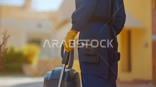 القيام بتنظيف المنزل باستخدام المكنسة, أدوات التنظيف الكهربائية, لقطة مقربة لعامل يرتدي زي العمل, المهام والأعمال المنزلية الروتينية