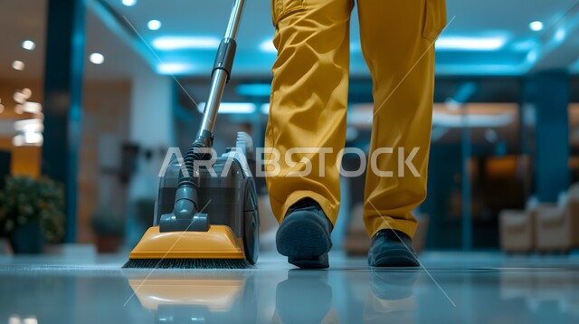 المهام والأعمال المنزلية الروتينية, القيام بتنظيف المنزل باستخدام المكنسة, أدوات التنظيف الكهربائية, لقطة مقربة لعامل يرتدي زي العمل