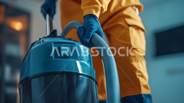 المهام والأعمال المنزلية الروتينية, القيام بتنظيف المنزل باستخدام المكنسة, أدوات التنظيف الكهربائية, لقطة مقربة لعامل يرتدي زي العمل
