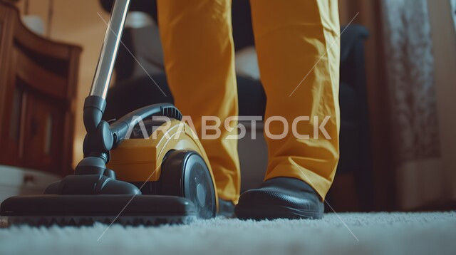 المهام والأعمال المنزلية الروتينية, القيام بتنظيف المنزل باستخدام المكنسة, أدوات التنظيف الكهربائية, لقطة مقربة لعامل يرتدي زي العمل