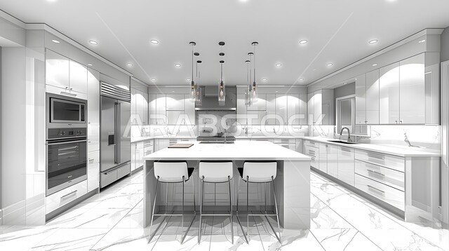 تصميم داخلي لمطبخ على الطراز الحديث, الديكورات العصرية للمطابخ الفاخرة في المملكة العربية السعودية، الأضواء المعلقة وتناسق الألوان, أثاث منزلي راقي، شقق وفلل سكنية مميزة