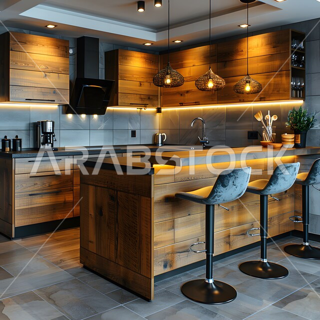 تصميم داخلي لمطبخ على الطراز الحديث, الديكورات العصرية للمطابخ الفاخرة في المملكة العربية السعودية، الأضواء المعلقة وتناسق الألوان, أثاث منزلي راقي، شقق وفلل سكنية مميزة