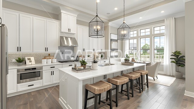 Interior design for a modern style kitchen, modern decorations for luxury kitchens in the Kingdom of Saudi Arabia, hanging lights and color consistency, sophisticated home furniture, distinctive apartments and villas