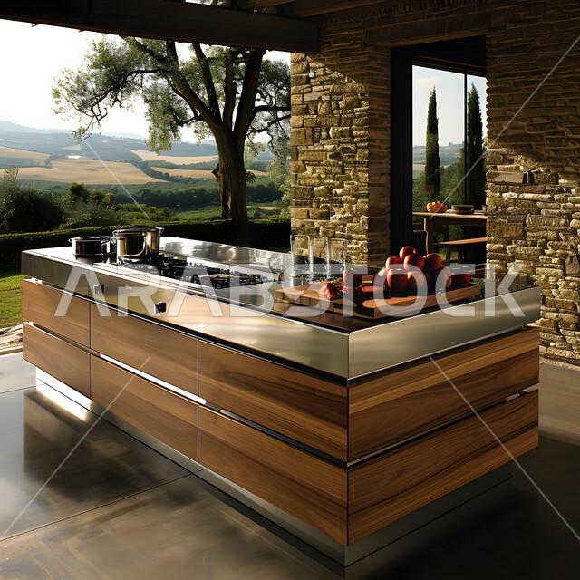 تصميم داخلي لمطبخ على الطراز الحديث, الديكورات العصرية للمطابخ الفاخرة في المملكة العربية السعودية، الأضواء المعلقة وتناسق الألوان, أثاث منزلي راقي، شقق وفلل سكنية مميزة