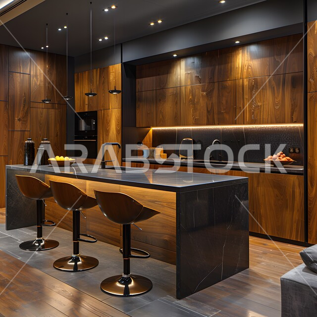 تصميم داخلي لمطبخ على الطراز الحديث, الديكورات العصرية للمطابخ الفاخرة في المملكة العربية السعودية، الأضواء المعلقة وتناسق الألوان, أثاث منزلي راقي، شقق وفلل سكنية مميزة