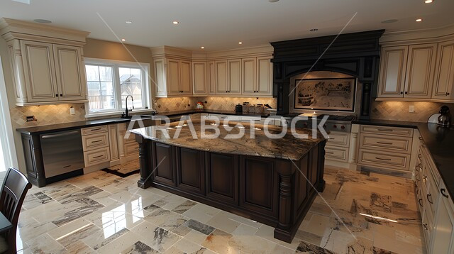 تصميم داخلي لمطبخ على الطراز الحديث, الديكورات العصرية للمطابخ الفاخرة في المملكة العربية السعودية، الأضواء المعلقة وتناسق الألوان, أثاث منزلي راقي، شقق وفلل سكنية مميزة