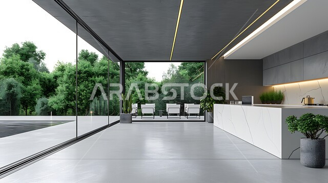 تصميم داخلي لمطبخ على الطراز الحديث, الديكورات العصرية للمطابخ الفاخرة في المملكة العربية السعودية، الأضواء المعلقة وتناسق الألوان, أثاث منزلي راقي، شقق وفلل سكنية مميزة