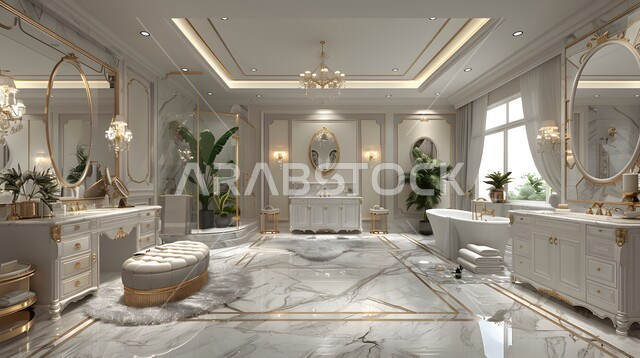 الفن الهندسي المعماري للفلل والمنازل الراقية، الحمام الداخلي الحديث بألوان هادئة وفاتحة، ديكورات وتصاميم فاخرة وأحواض الاستحمام في الشقق السياحية، دورة مياه أنيقة في أحد المباني السكنيه