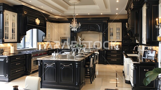 ديكور داخلي راقي لمطبخ أنيق، الفن الهندسي المعماري للفلل والشقق السكنية،  الأضواء والأنوار والأكسسوارات المنزلية، التصميم العصري الحديث في المملكة العربية السعودية