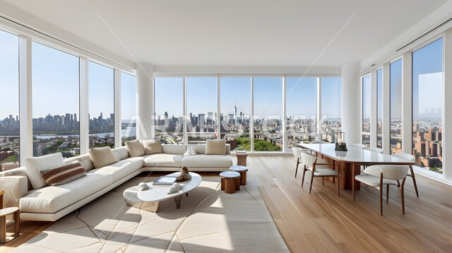 Living room with sophisticated interior decorations, modern and comfortable apartments and residential houses in the Kingdom of Saudi Arabia, elegant and high-end home furniture, urban and engineering development of living rooms