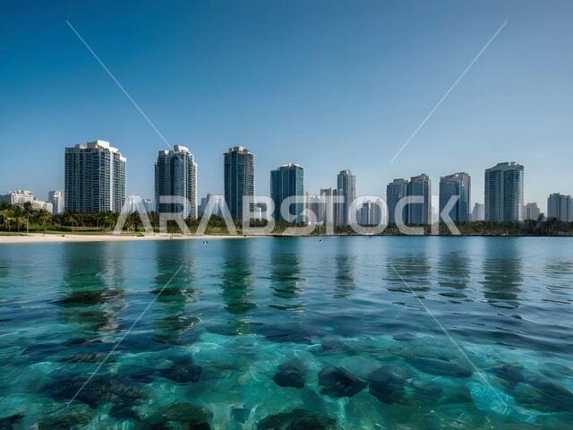 الفن الهندسي المعماري للأبراج وناطحات السحاب المطلة على الواجهة البحرية المميزة، رؤية سعودية مستقبلية 2030، بناء مدن ذكية ومستقبل حضاري ومتطور، منظر تخيلي مستقبلي للتقدم و النمو العمراني، المباني والمنشآت التجارية الشاهقة في المملكة العربية السعودية