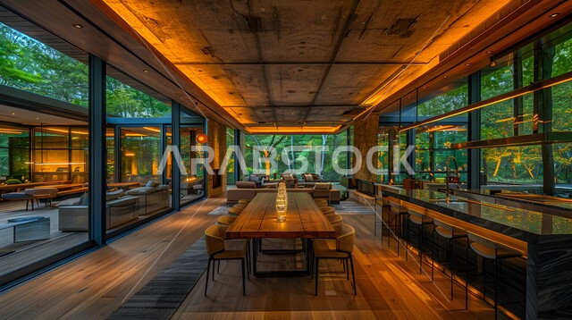 غرفة اجتماعات واسعة مع طاولة محاطة بكراسي، غرف مكتبية بتصاميم وديكورات داخلية فخمة، التصميم العصري الحديث للمكاتب في الشركات السعودية، النوافذ والواجهات الزجاجية