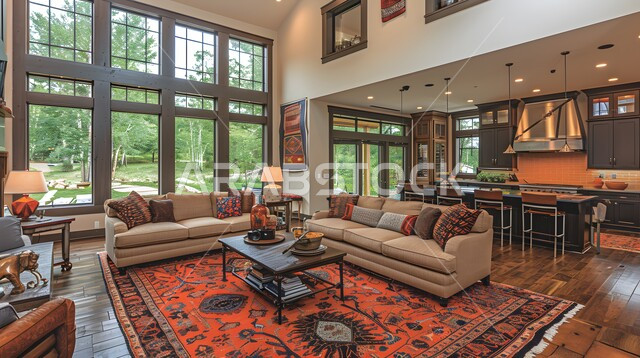 Elegant designs for comfortable living rooms in modern style, living room with luxury home furniture in elegant colors, high-end interior decorations for villas and residential apartments in Saudi Arabia, modern accessories and antiques