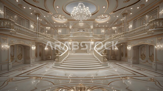 التصميم الحديث لسلم من الرخام داخل فندق فاخر، الديكورات الداخلية باللون الرمادي الفخم، فلل سكنية بتصاميم عصرية، مفهوم الفن المعماري الهندسي في السعودية، اكسسوارات وتحف وأثاث منزلي راقي