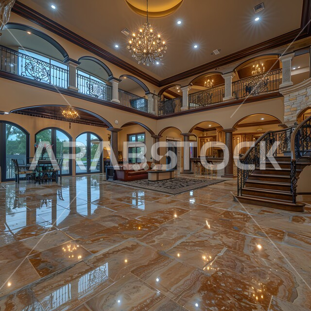 التصميم الحديث لسلم من الرخام داخل فندق فاخر، الديكورات الداخلية باللون الرمادي الفخم، فلل سكنية بتصاميم عصرية، مفهوم الفن المعماري الهندسي في السعودية، اكسسوارات وتحف وأثاث منزلي راقي
