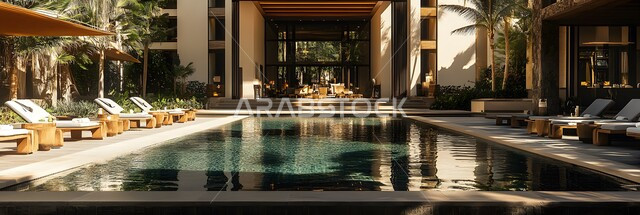 أماكن مريحة للاستلقاء بجانب حمام السباحة، مفهوم للاسترخاء والتأمل والابتعاد عن ضغوط العمل، الديكورات الداخلية والأثاث المريح للفنادق في المملكة العربية السعودية، الاهتمام بزراعة النباتات الخضراء، مسبح داخل منتجع فاخر