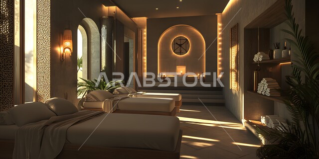 صالة سبا للاسترخاء بتصميم داخلي فاخر، التصاميم الهندسية الراقية، الأثاث الأنيق والمريح مع أضواء هادئة، ديكورات عصرية على الطراز الحديث