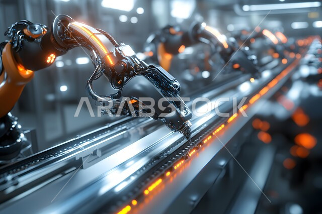 Advanced smart industrial robot arms in manufacturing, reliance on automation in Saudi Arabia's factories, science and technology of factory work, achieving the industrial revolution, the concept of efficiency in production