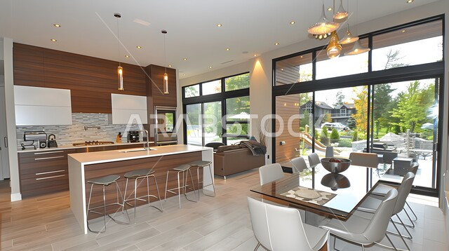 Interior designs and decorations for luxury Arabic kitchens in the Kingdom of Saudi Arabia, a high-end kitchen with elegant colors, modern architectural art, glass facades and windows, modern and advanced home appliances.