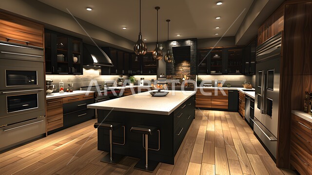 تصاميم وديكورات داخلية للمطابخ العربية الفاخرة في المملكة العربية السعودية, مطبخ راقي بألوان راقية, الفن الهندسي المعماري على الطراز الحديث, واجهات ونوافذ زجاجية, أدوات منزلية حديثة ومتطورة.