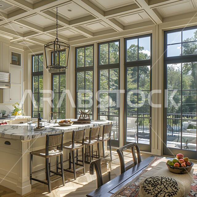 تصاميم وديكورات داخلية للمطابخ العربية الفاخرة في المملكة العربية السعودية, مطبخ راقي بألوان راقية, الفن الهندسي المعماري على الطراز الحديث, واجهات ونوافذ زجاجية, أدوات منزلية حديثة ومتطورة.