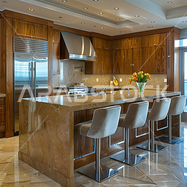 تصاميم وديكورات داخلية للمطابخ العربية الفاخرة في المملكة العربية السعودية, مطبخ راقي بألوان راقية, الفن الهندسي المعماري على الطراز الحديث, واجهات ونوافذ زجاجية, أدوات منزلية حديثة ومتطورة.