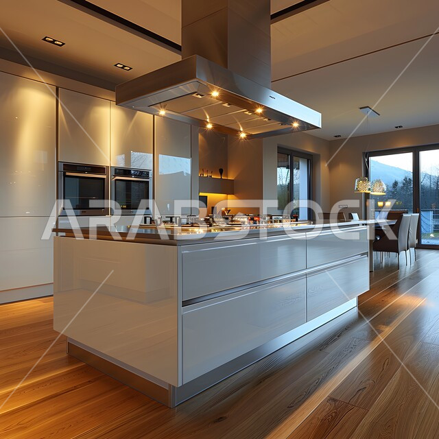 تصاميم وديكورات داخلية للمطابخ العربية الفاخرة في المملكة العربية السعودية, مطبخ راقي بألوان راقية, الفن الهندسي المعماري على الطراز الحديث, واجهات ونوافذ زجاجية, أدوات منزلية حديثة ومتطورة.