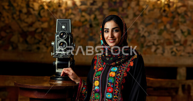 الشغف بهواية التصوير, النظر إلى الكاميرا بإيماءات السعاة و السرور, امرأة عربية خليجية سعودية مبتسمة محجبة ترتدي عباءة سوداء مزخرفة تقف بجانب كاميرا فوتوغرافية قديمة