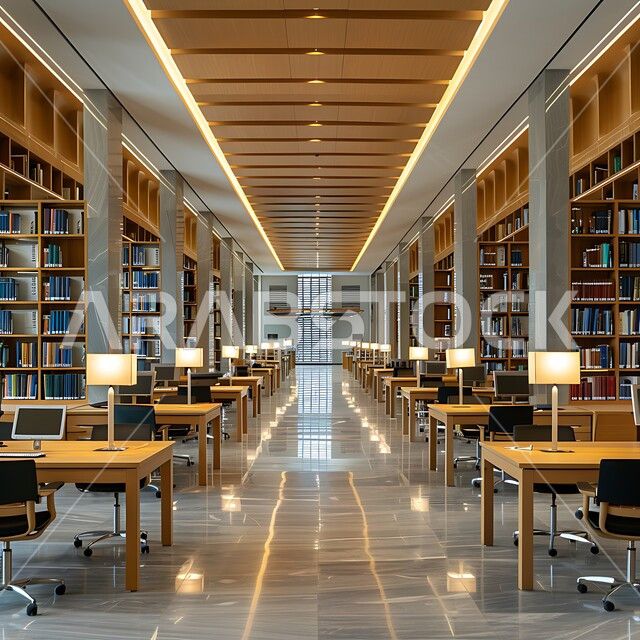 Offices in the Kingdom of Saudi Arabia, wooden shelves filled with ...