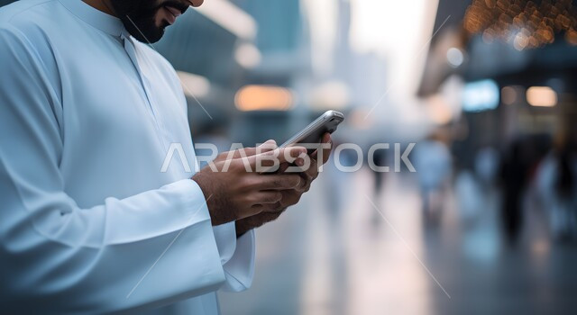 التصفح لوسائل التواصل الاجتماعي، البحث عن وظيفة عبر الإنترنت، متابعة اخر أخبار وسائل التواصل الاجتماعي, صورة مقربة لرجل عربي خليجي سعودي يرتدي الثوب ويحمل بيده الهاتف المحمول, التسويق الإلكتروني عبر الأجهزة الحديثة