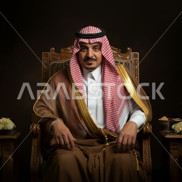 الهيبة والرجولة والاهتمام بالمظهر الخارجي, النظر إلى الكاميرا بإيماءات الثقة والجدية والسرور, رجل عربي سعودي خليجي يرتدي البشت والشماغ والثوب يجلس على الكرسي