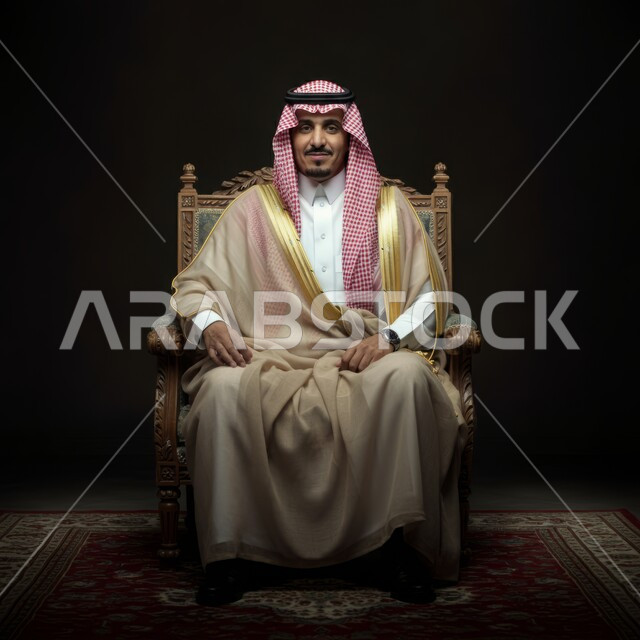 Prestige, masculinity, and attention to external appearance, looking at the camera with gestures of confidence, seriousness, and pleasure, a Saudi Gulf Arab man wearing a bisht, shemagh, and thobe sitting on a chair