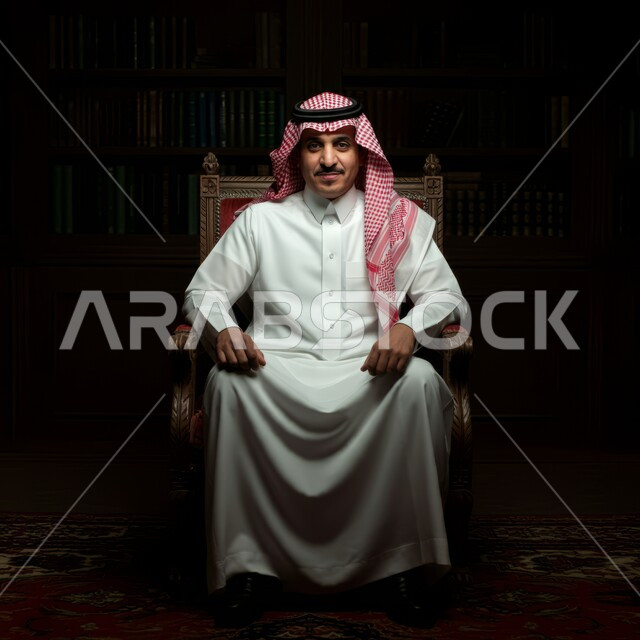 الهيبة والرجولة والاهتمام بالمظهر الخارجي, النظر إلى الكاميرا بإيماءات الثقة والجدية والسرور, رجل عربي سعودي خليجي يرتدي البشت والشماغ والثوب يجلس على الكرسي