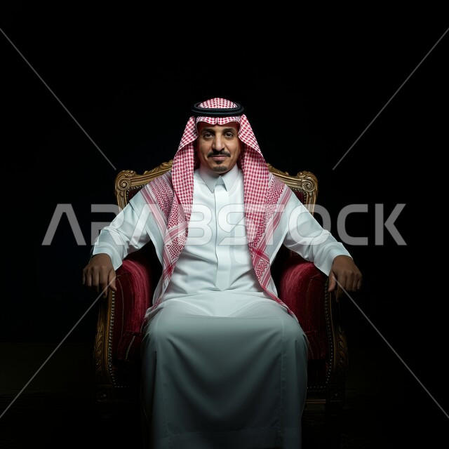 Prestige, masculinity, and concern for external appearance, looking at the camera with gestures of confidence, seriousness, and pleasure, a Saudi Gulf Arab man wearing a thobe, wearing a shemagh, and sitting on a chair.