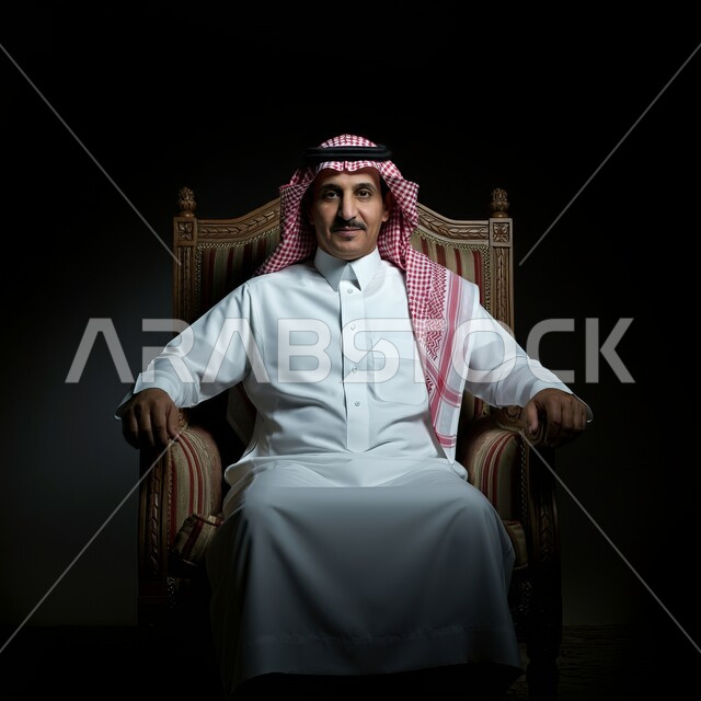 الهيبة والرجولة والاهتمام بالمظهر الخارجي, النظر إلى الكاميرا بإيماءات الثقة والجدية والسرور, رجل عربي سعودي خليجي يرتدي الثوب ويضع الشماغ ويجلس على الكرسي