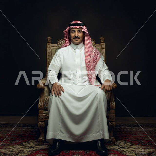الهيبة والرجولة والاهتمام بالمظهر الخارجي, النظر إلى الكاميرا بإيماءات الثقة والجدية والسرور, رجل عربي سعودي خليجي يرتدي الثوب ويضع الشماغ ويجلس على الكرسي