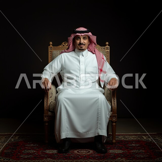 الهيبة والرجولة والاهتمام بالمظهر الخارجي, النظر إلى الكاميرا بإيماءات الثقة والجدية والسرور, رجل عربي سعودي خليجي يرتدي الثوب ويضع الشماغ ويجلس على الكرسي