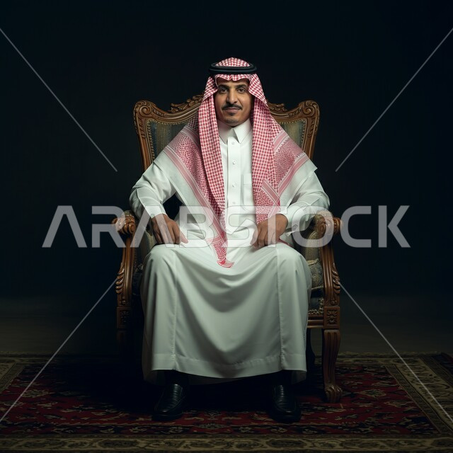 Prestige, masculinity, and concern for external appearance, looking at the camera with gestures of confidence, seriousness, and pleasure, a Saudi Gulf Arab man wearing a thobe, wearing a shemagh, and sitting on a chair.