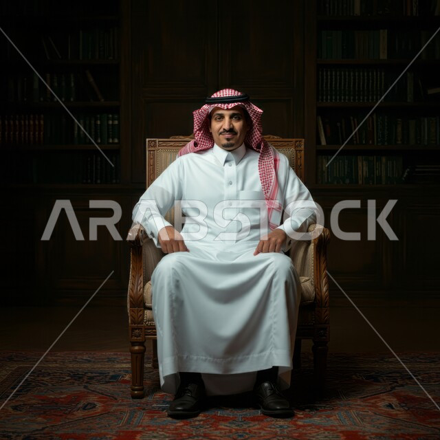 Prestige, masculinity, and concern for external appearance, looking at the camera with gestures of confidence, seriousness, and pleasure, a Saudi Gulf Arab man wearing a thobe, wearing a shemagh, and sitting on a chair.