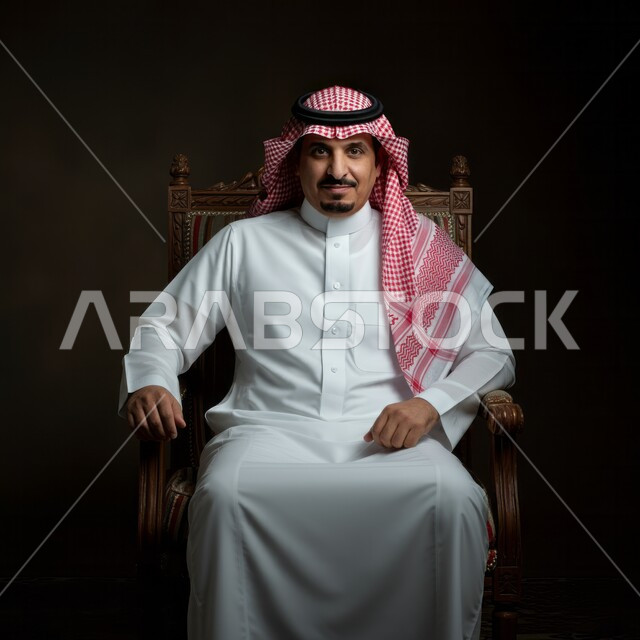 النظر إلى الكاميرا بإيماءات الثقة والجدية والسرور, الهيبة والرجولة والاهتمام بالمظهر الخارجي, رجل عربي سعودي خليجي يرتدي الثوب ويضع الشماغ ويجلس على الكرسي
