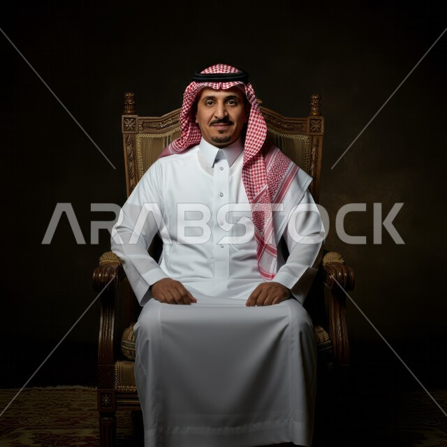 النظر إلى الكاميرا بإيماءات الثقة والجدية والسرور, الهيبة والرجولة والاهتمام بالمظهر الخارجي, رجل عربي سعودي خليجي يرتدي الثوب ويضع الشماغ ويجلس على الكرسي