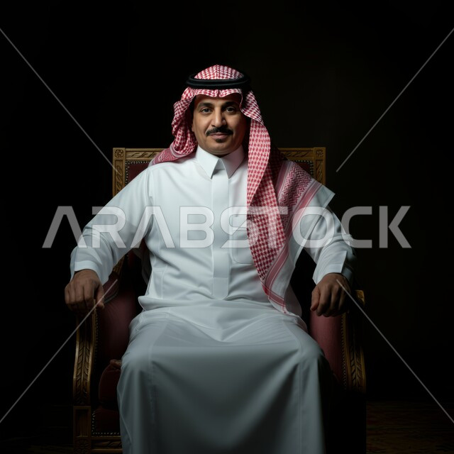 النظر إلى الكاميرا بإيماءات الثقة والجدية والسرور, الهيبة والرجولة والاهتمام بالمظهر الخارجي, رجل عربي سعودي خليجي يرتدي الثوب ويضع الشماغ ويجلس على الكرسي
