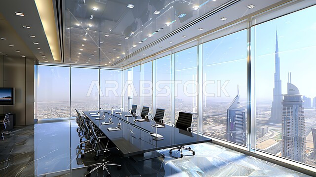 غرفة اجتماعات واسعة مع طاولة محاطة بكراسي، النوافذ والواجهات الزجاجية، غرف مكتبية بتصاميم وديكورات داخلية فخمة، التصميم العصري الحديث للمكاتب في الشركات السعودية